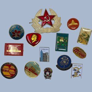 Vintage Enamel 14 Lapel Hat Lot China Shanghai Hong Kong Mao Zedong Russia Badge